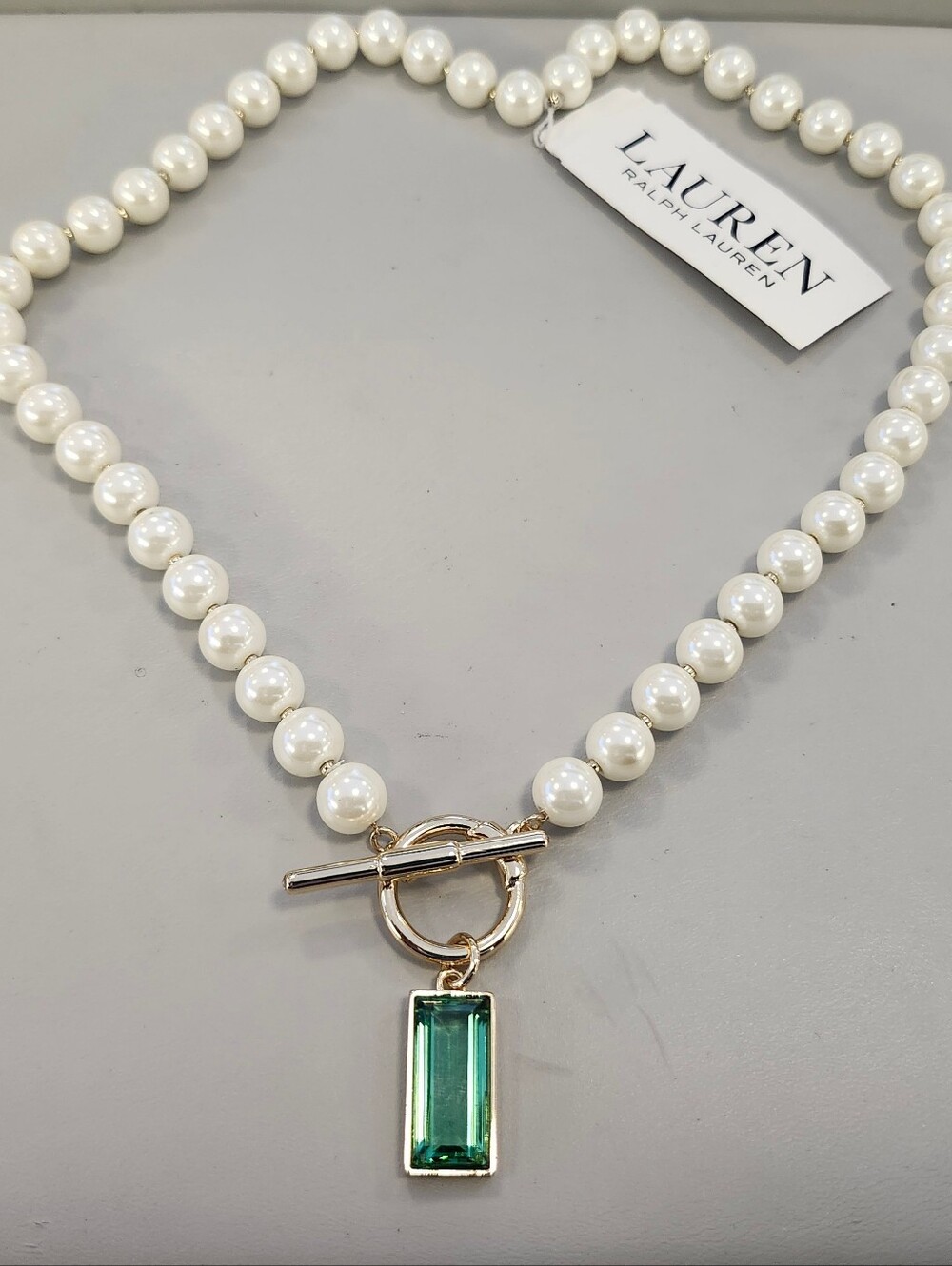NWT Ralph Lauren Gold-Tone Baguette Stone & Imitation Pearl Necklace